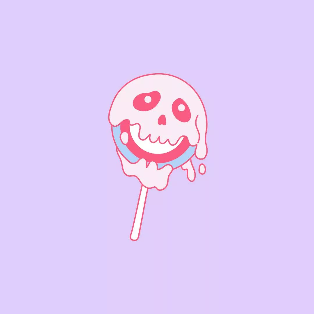 Une illustration de sucette en forme de tête de mort dans un style enfantin. Elle représente l'idée selon laquelle mes poèmes sont des bonbons corrosifs.